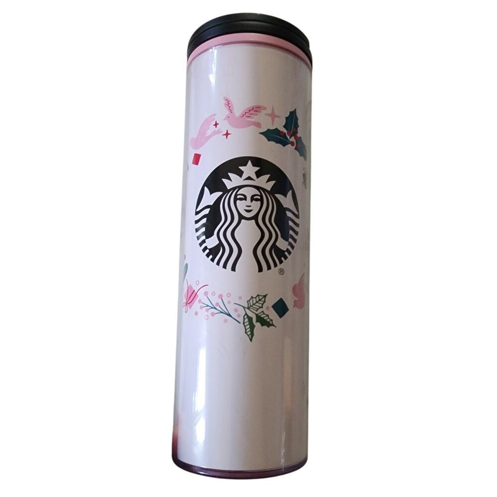 Starbucks Cold Drink Tumbler Holiday Wreath Travel Coffee Cup White Pink Winter